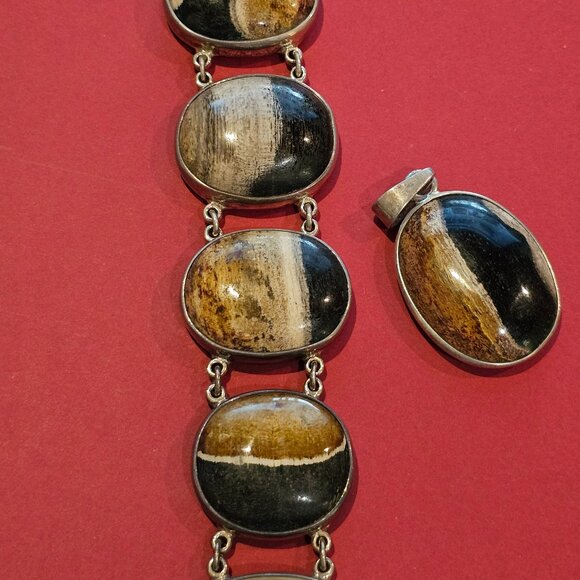 Petrified Palm Wood/Sterling Silver Bracelet and Pendant - Picture 3 of 15
